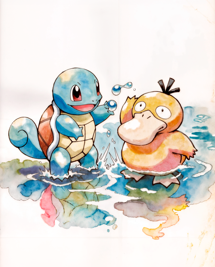 Original watercolour artwork of Squirtle aiming a bubble at Psyduck, Sugimori-inspired print by Dammit.png