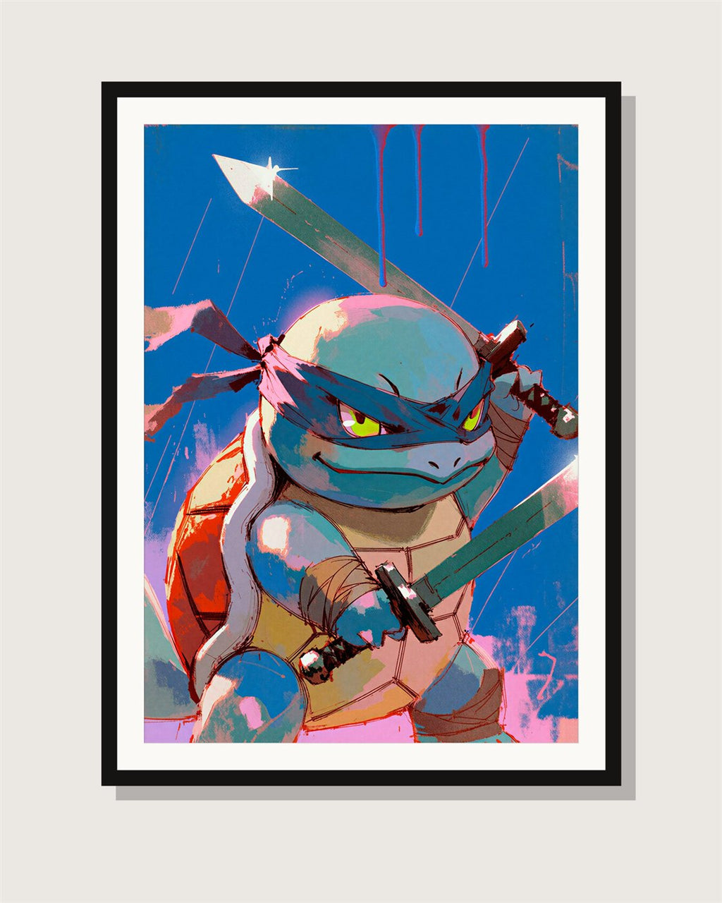 Squirtle Twin Blades ninja limited edition Pokémon art print by Dammit.png shown framed