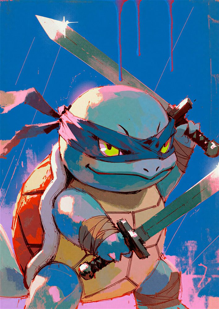 Original ninja Squirtle artwork with blue bandana and twin swords by Dammit.png