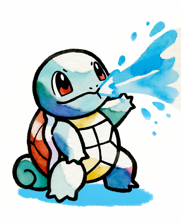 Watercolour Squirtle blasting a jet of blue water — Dammit.png fan art print