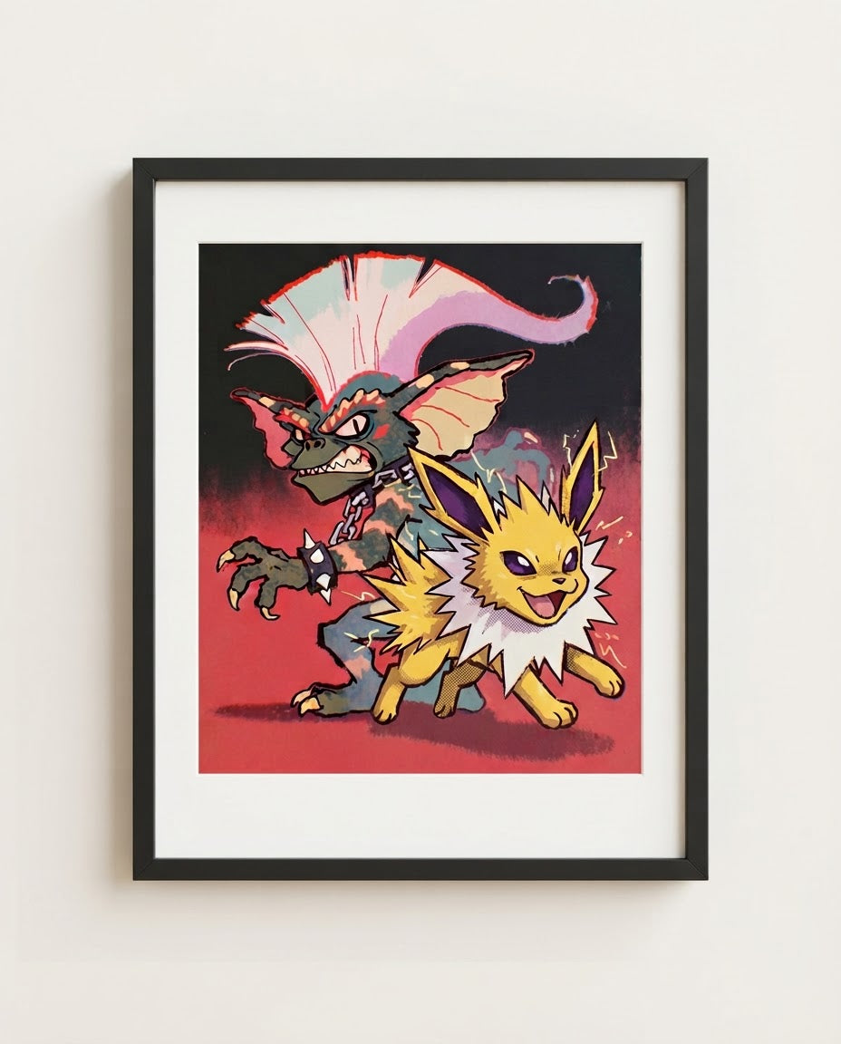 Stripe & Jolteon — Bad Batch Gremlins crossover art print framed in a black frame with white mat