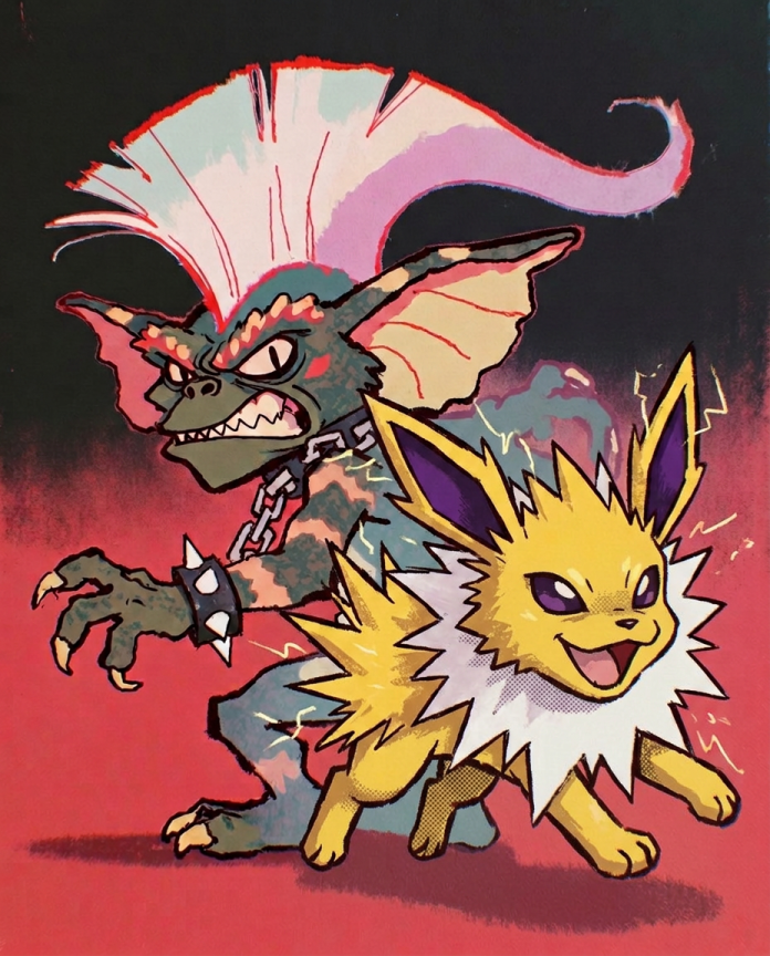 Stripe & Jolteon — Bad Batch illustration, Stripe the gremlin with Jolteon on red and black