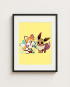 Tails & Eevee kawaii art print framed on a wall — Sonic Pokémon crossover by Dammit.png