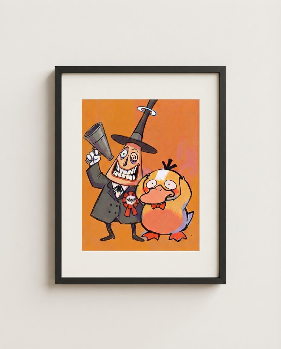 The Mayor & Psyduck — Two-Faced Halloween Town crossover art print framed in a black frame with white mat