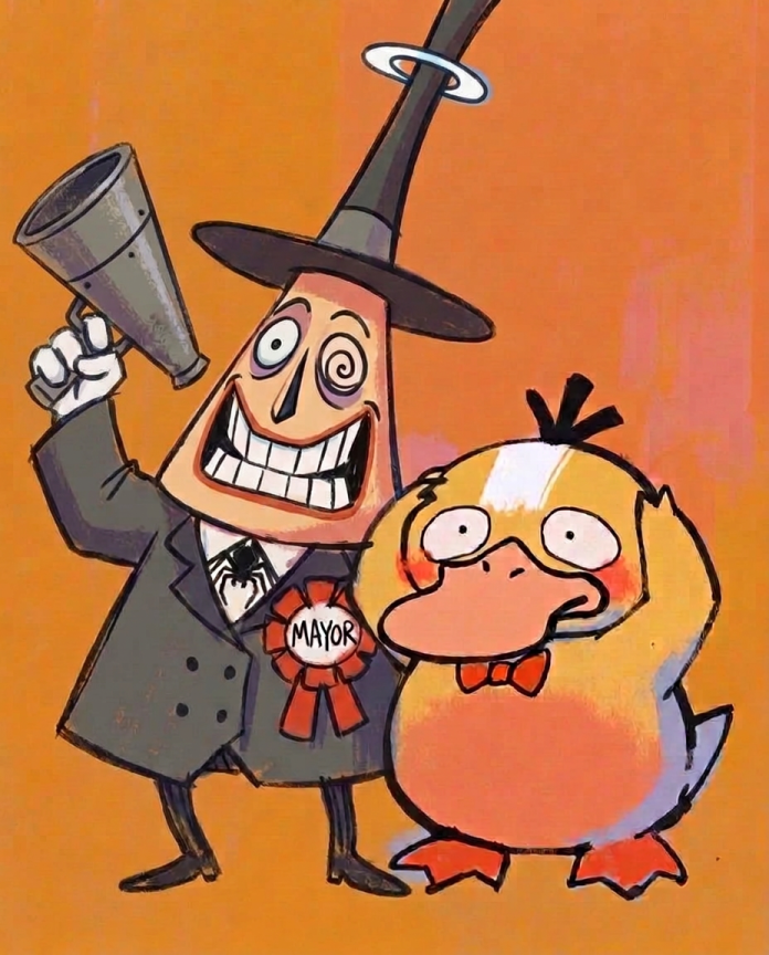 The Mayor & Psyduck — Two-Faced illustration, the Mayor with a megaphone next to Psyduck on orange