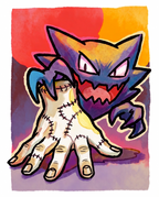 Haunter grabbing the stitched hand Thing against a red and orange sky — Dammit.png fan art print