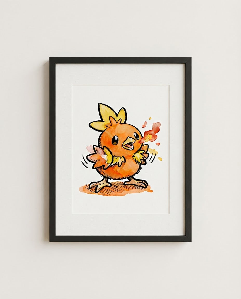 Torchic — Ember framed watercolour art print by Dammit.png