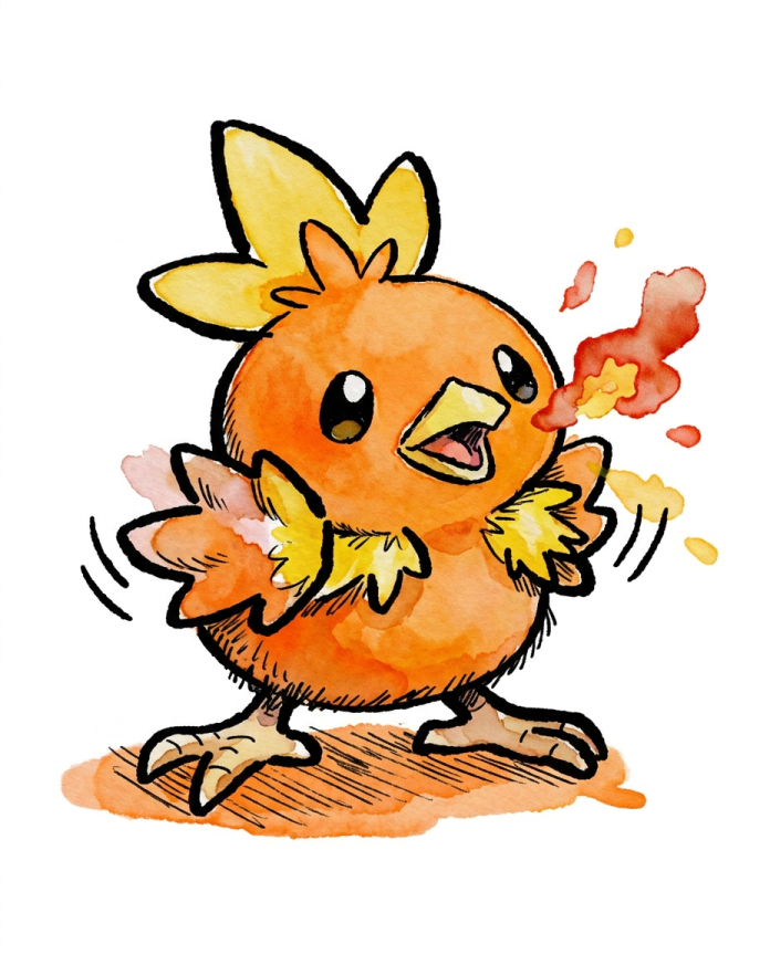 Watercolour Torchic flapping its wings and breathing a small ember — Dammit.png fan art print