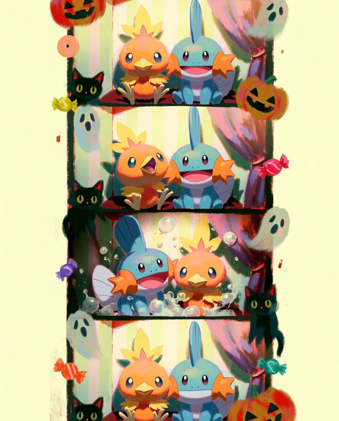 Torchic and Mudkip in a Halloween photo booth strip with black cats and ghosts — Dammit.png fan art print