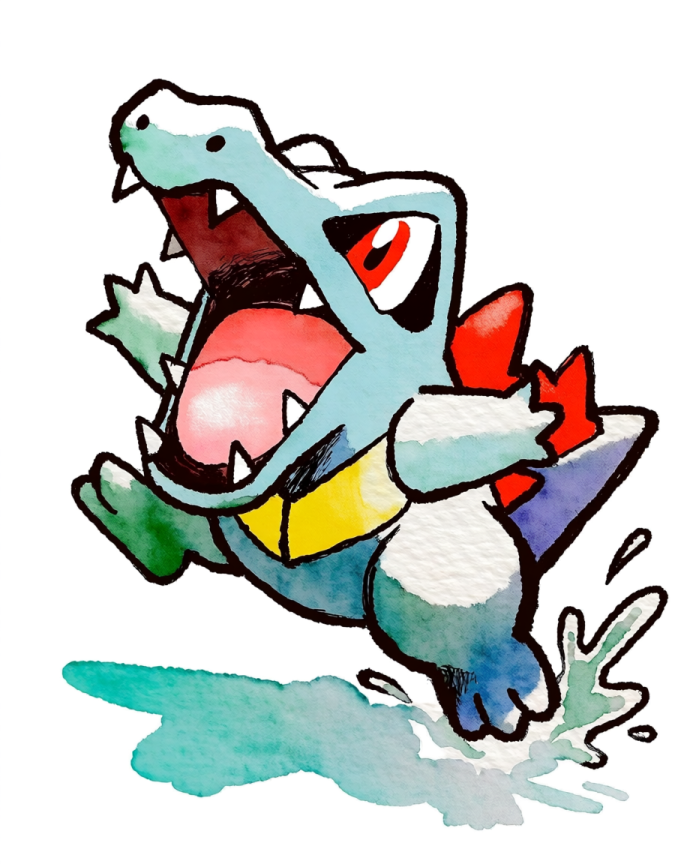 Watercolour Totodile leaping out of a splash with jaws open — Dammit.png fan art print