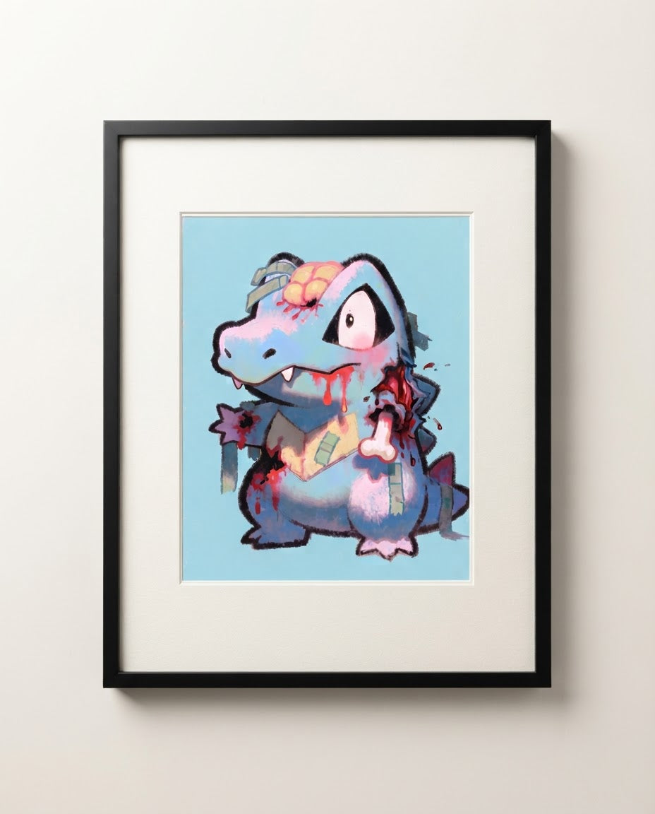 Totodile — Bite Marks zombie Halloween art print framed in a black frame with white mat