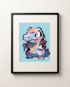 Totodile — Bite Marks zombie Halloween art print framed in a black frame with white mat