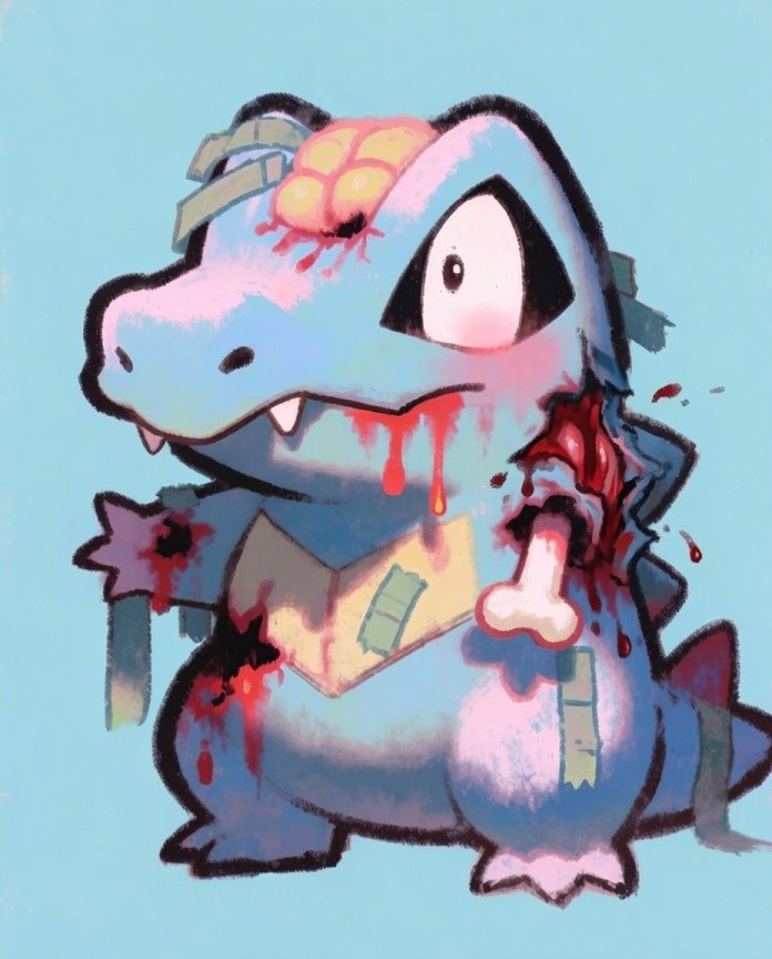 Totodile — Bite Marks illustration, zombie Totodile with exposed brain and a bone through its arm