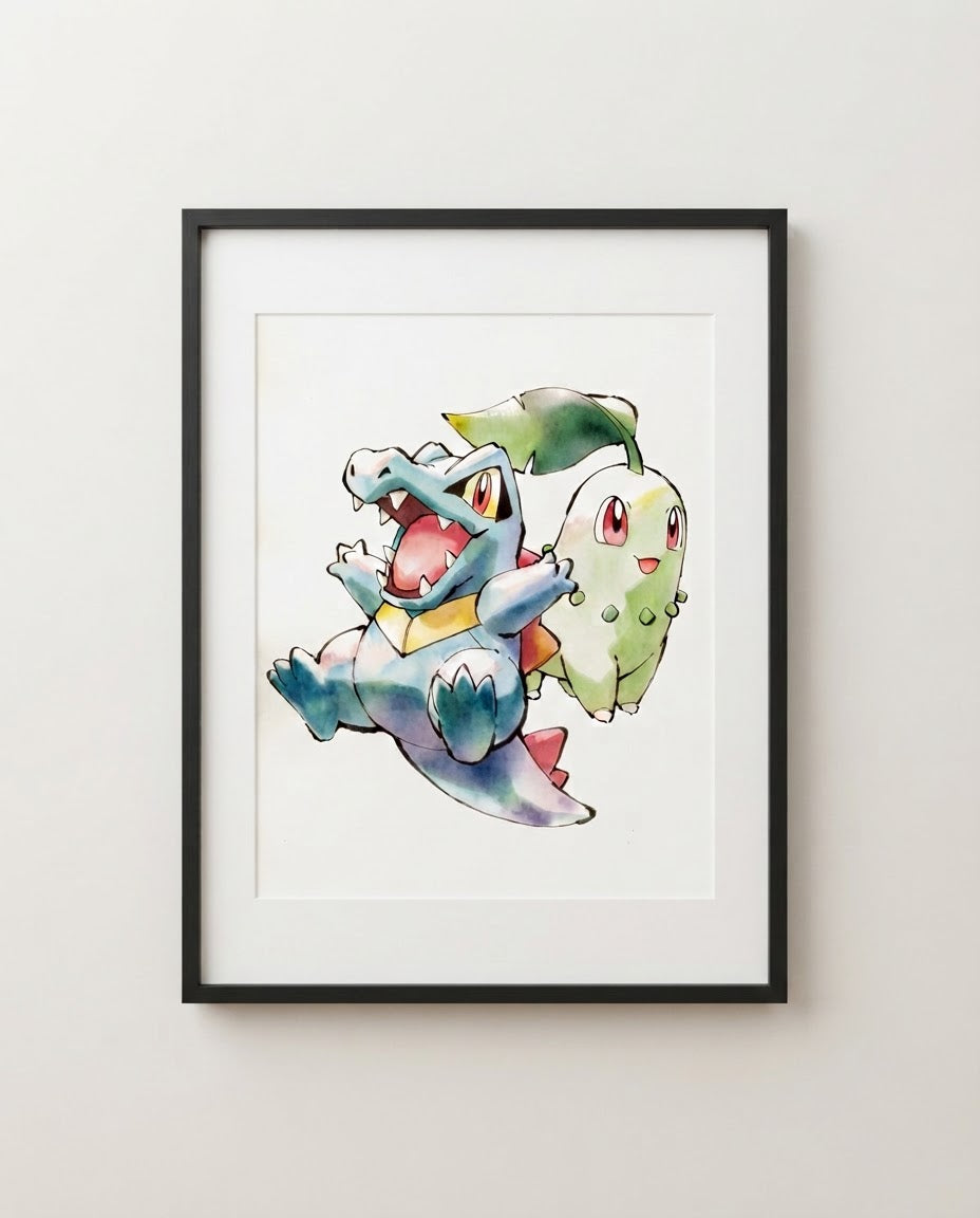 Totodile and Chikorita Playtime watercolour Pokémon art print by Dammit.png shown framed