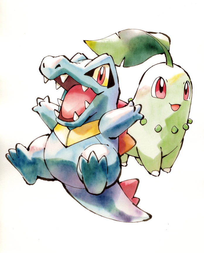 Original watercolour artwork of Totodile and Chikorita playing, Sugimori-inspired print by Dammit.png