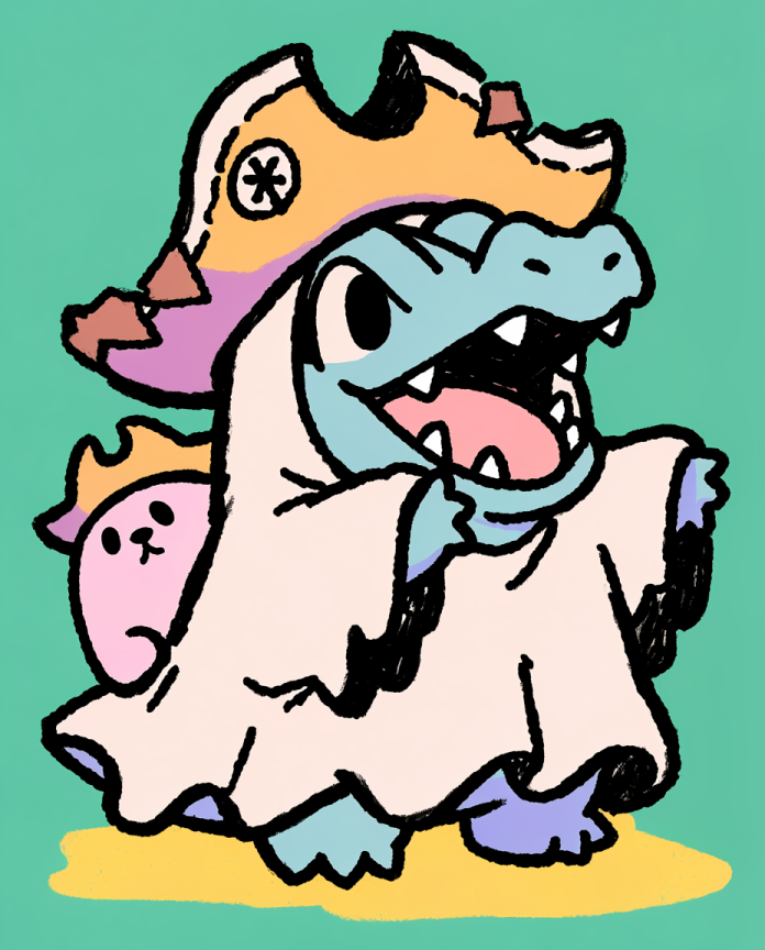 Totodile in a ghost sheet and pirate hat with a little pink ghost — Dammit.png fan art print
