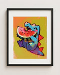Totodile — Watermelon Crunch kawaii art print framed in a black frame with white mat