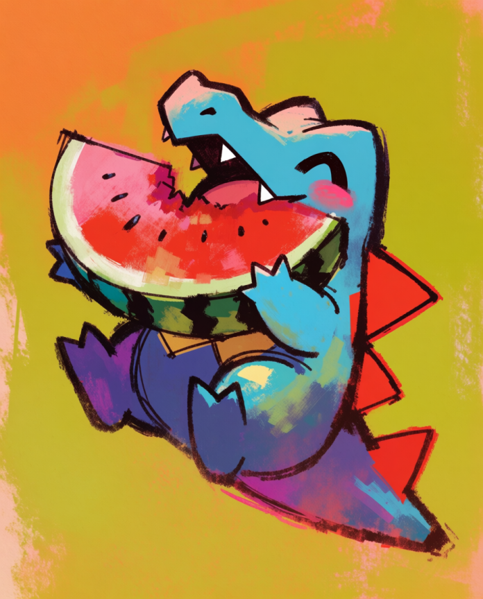 Totodile — Watermelon Crunch illustration, Totodile biting into a giant slice of watermelon