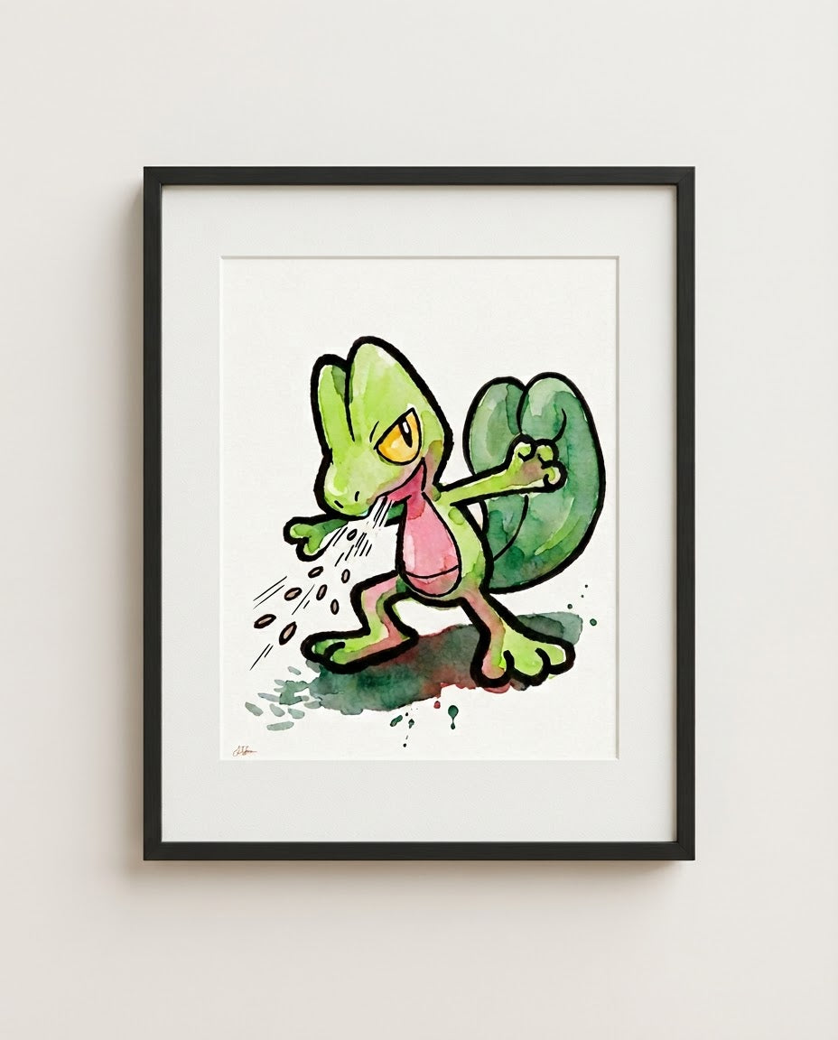 Treecko — Bullet Seed framed watercolour art print by Dammit.png