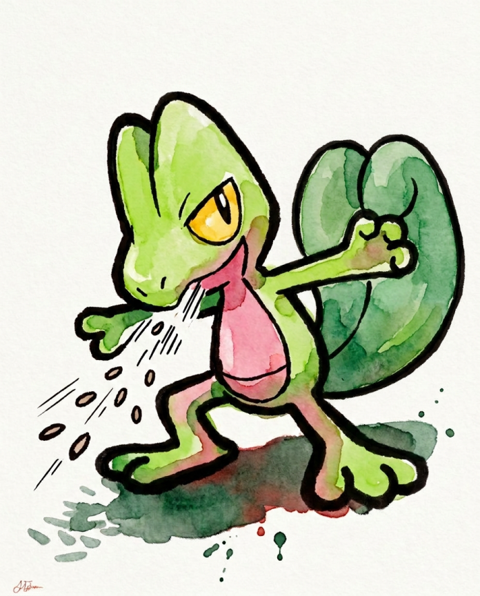 Watercolour Treecko firing seeds in a battle stance — Dammit.png fan art print