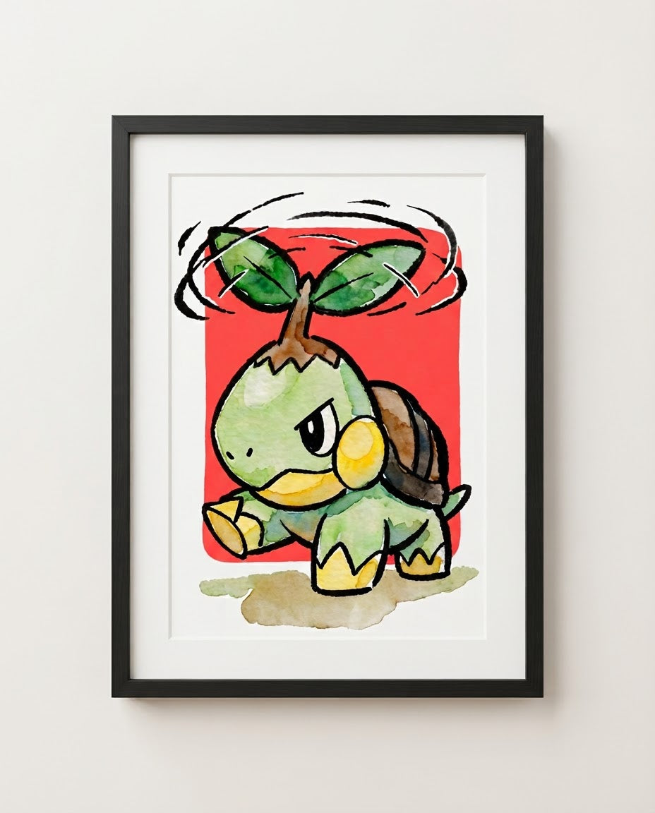 Turtwig — Razor Leaf framed watercolour art print by Dammit.png