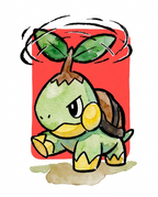 Watercolour Turtwig with its leaves spinning against a red background — Dammit.png fan art print