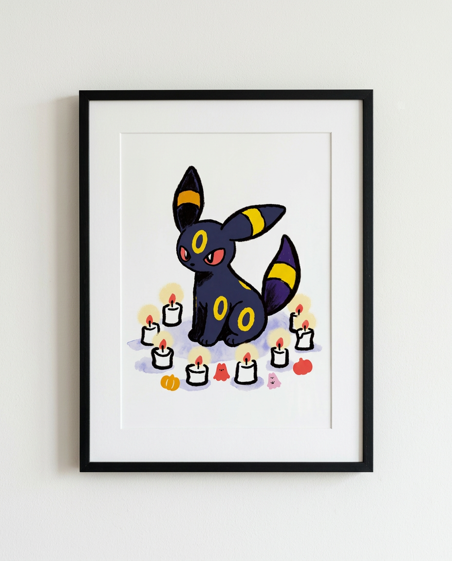 Umbreon Candlelight Halloween Pokémon art print in a black frame with white mat
