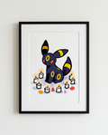 Umbreon Candlelight Halloween Pokémon art print in a black frame with white mat