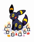 Illustration of Umbreon sitting in a circle of lit candles with tiny ghosts and pumpkins by Dammit.png