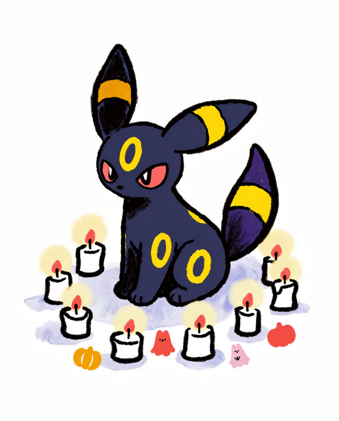 Illustration of Umbreon sitting in a circle of lit candles with tiny ghosts and pumpkins by Dammit.png