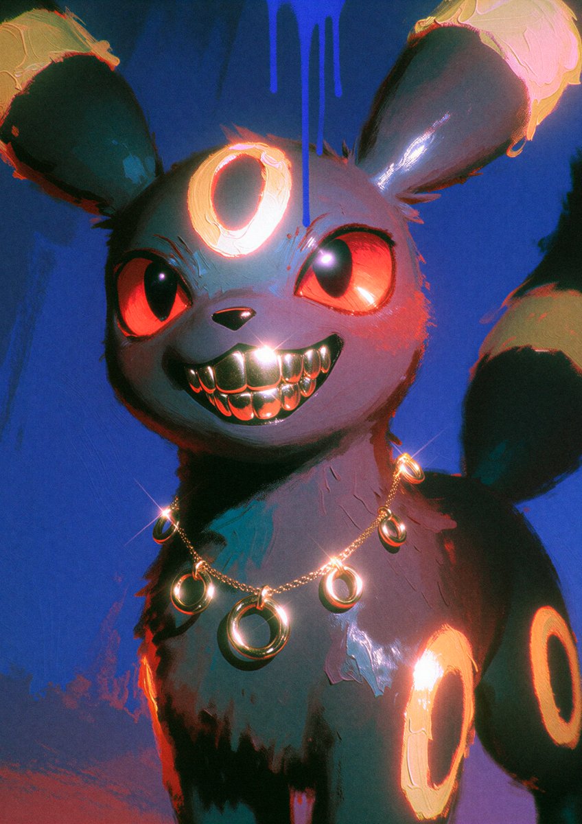 Original Umbreon artwork with gold chain and metal grin from the Ice Out series by Dammit.png