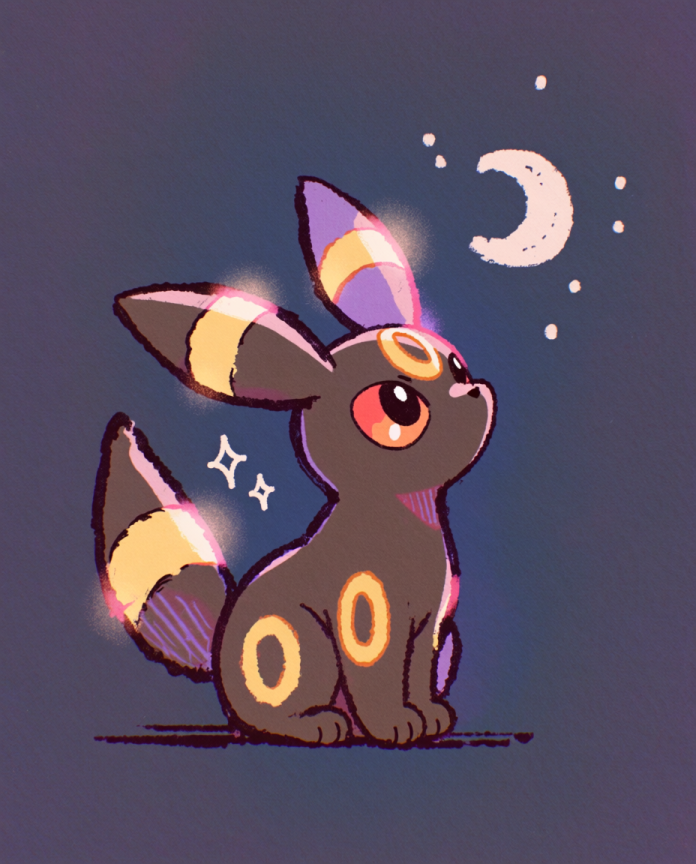 Umbreon — Moonwatch illustration, kawaii Umbreon gazing up at a crescent moon in a starry indigo sky
