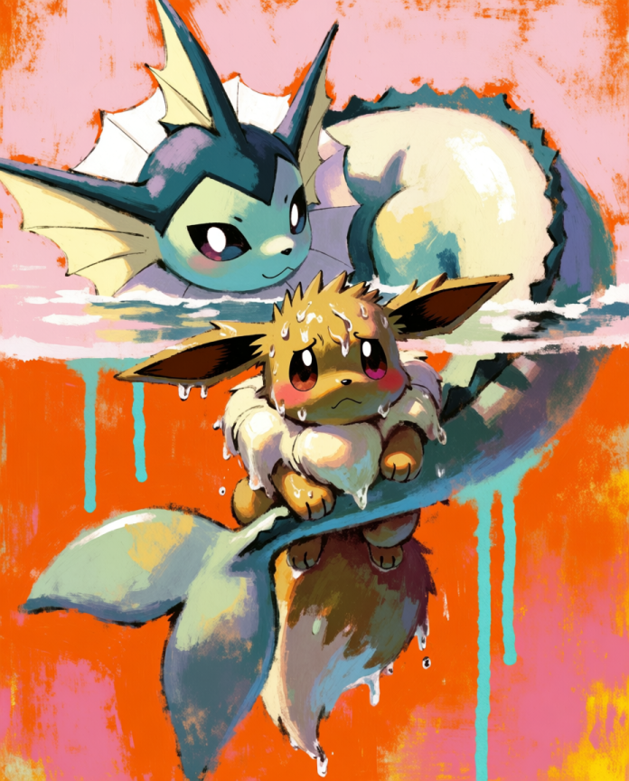 Wet Eevee clinging to Vaporeon's tail on an orange and pink background — Dammit.png fan art print