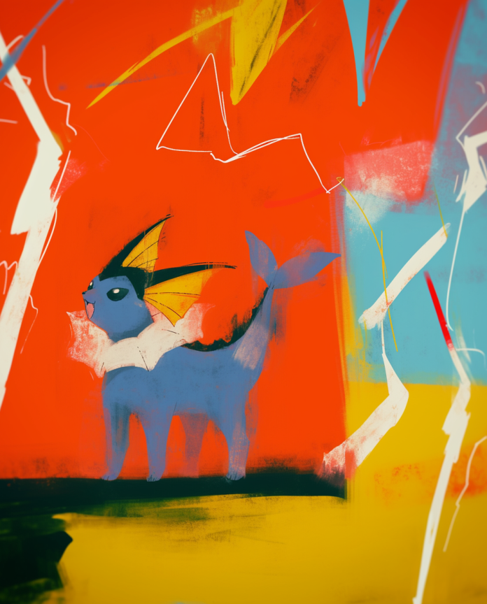 Vaporeon standing in bold red, yellow and blue brushstrokes — Dammit.png fan art print