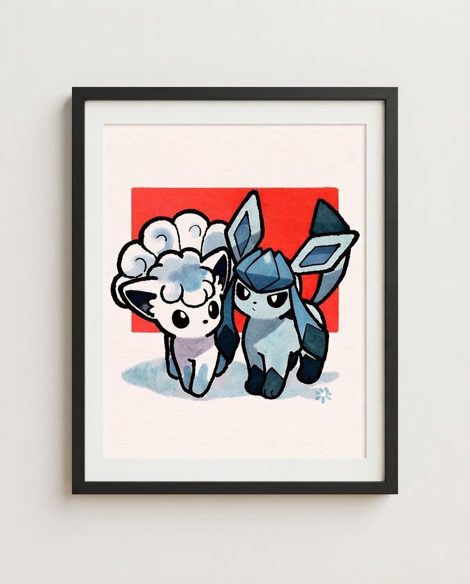 Vulpix & Glaceon — Snow Day watercolour art print framed in a black frame with white mat