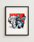Vulpix & Glaceon — Snow Day watercolour art print framed in a black frame with white mat