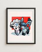 Vulpix & Glaceon — Snow Day watercolour art print framed in a black frame with white mat