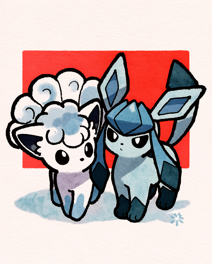 Vulpix & Glaceon — Snow Day illustration, Alolan Vulpix and Glaceon in blue watercolour on a red square