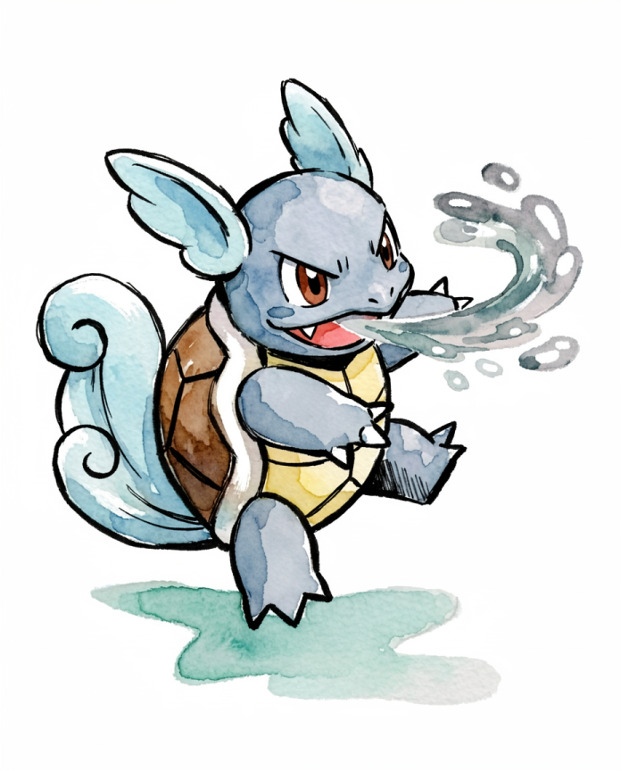 Watercolour Wartortle firing a swirling jet of water — Dammit.png fan art print
