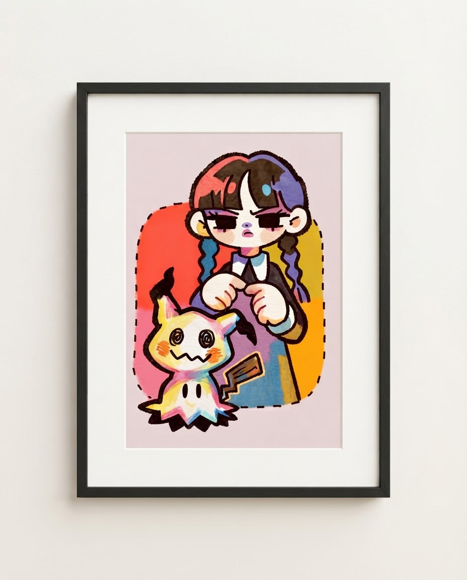 Wednesday & Mimikyu — Not Amused framed Addams Family × Pokémon crossover art print by Dammit.png