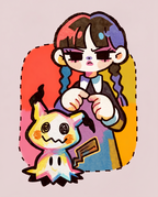Wednesday with braids glaring above a dizzy Mimikyu — Dammit.png fan art print