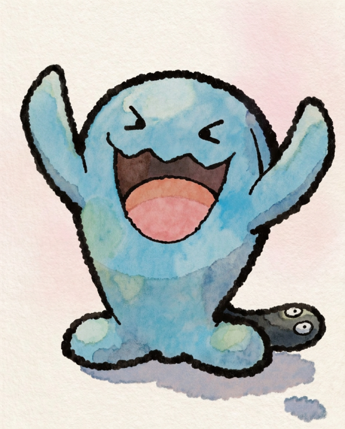 Watercolour Wobbuffet cheering with arms raised and its tail peeking out — Dammit.png fan art print