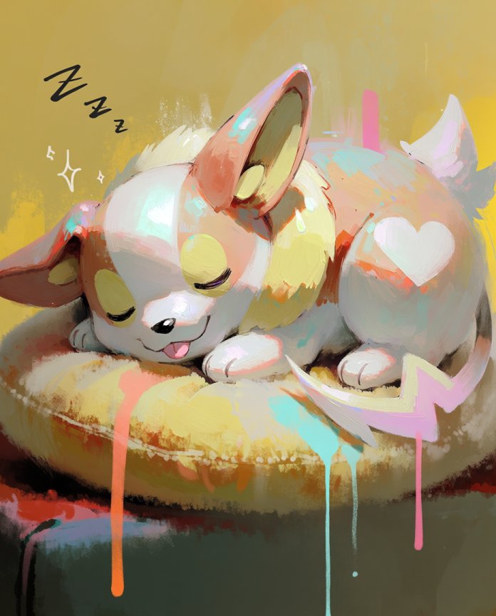Original artwork of Yamper asleep on a cushion from the Sleepy series by Dammit.png