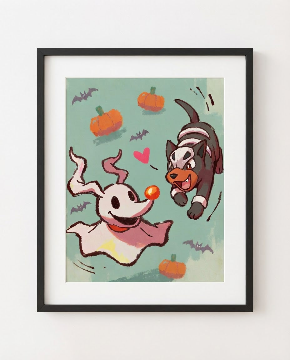 Zero & Houndour — Fetch Halloween Town crossover art print framed in a black frame with white mat