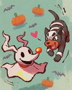 Zero & Houndour — Fetch illustration, ghost dog Zero playing with Houndour among pumpkins and bats