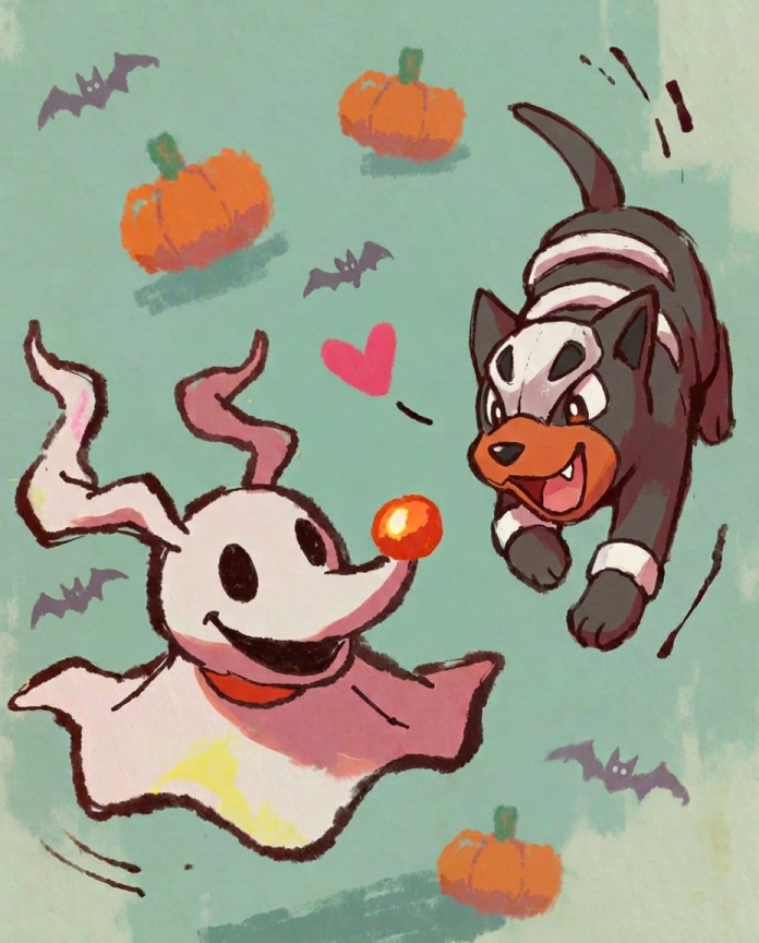 Zero & Houndour — Fetch illustration, ghost dog Zero playing with Houndour among pumpkins and bats